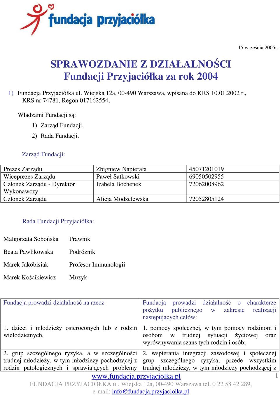Zarząd Fundacji: Prezes Zarządu Zbigniew Napierała 45071201019 Wiceprezes Zarządu Paweł Satkowski 69050502955 Członek Zarządu - Dyrektor Izabela Bochenek 72062008962 Wykonawczy Członek Zarządu Alicja