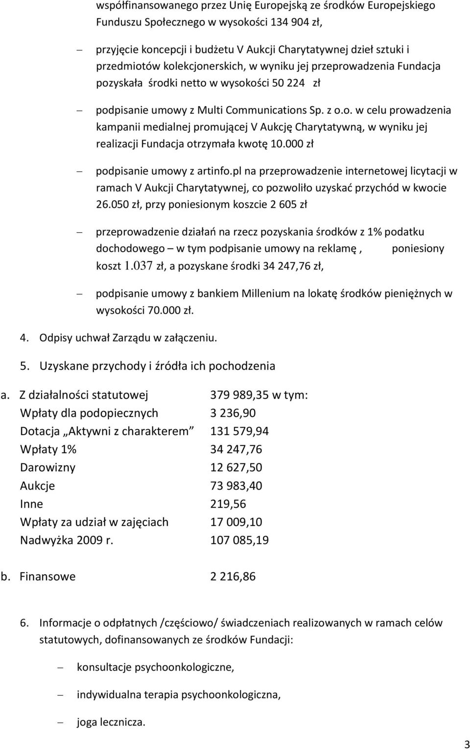 000 zł podpisanie umowy z artinfo.pl na przeprowadzenie internetowej licytacji w ramach V Aukcji Charytatywnej, co pozwoliło uzyskad przychód w kwocie 26.