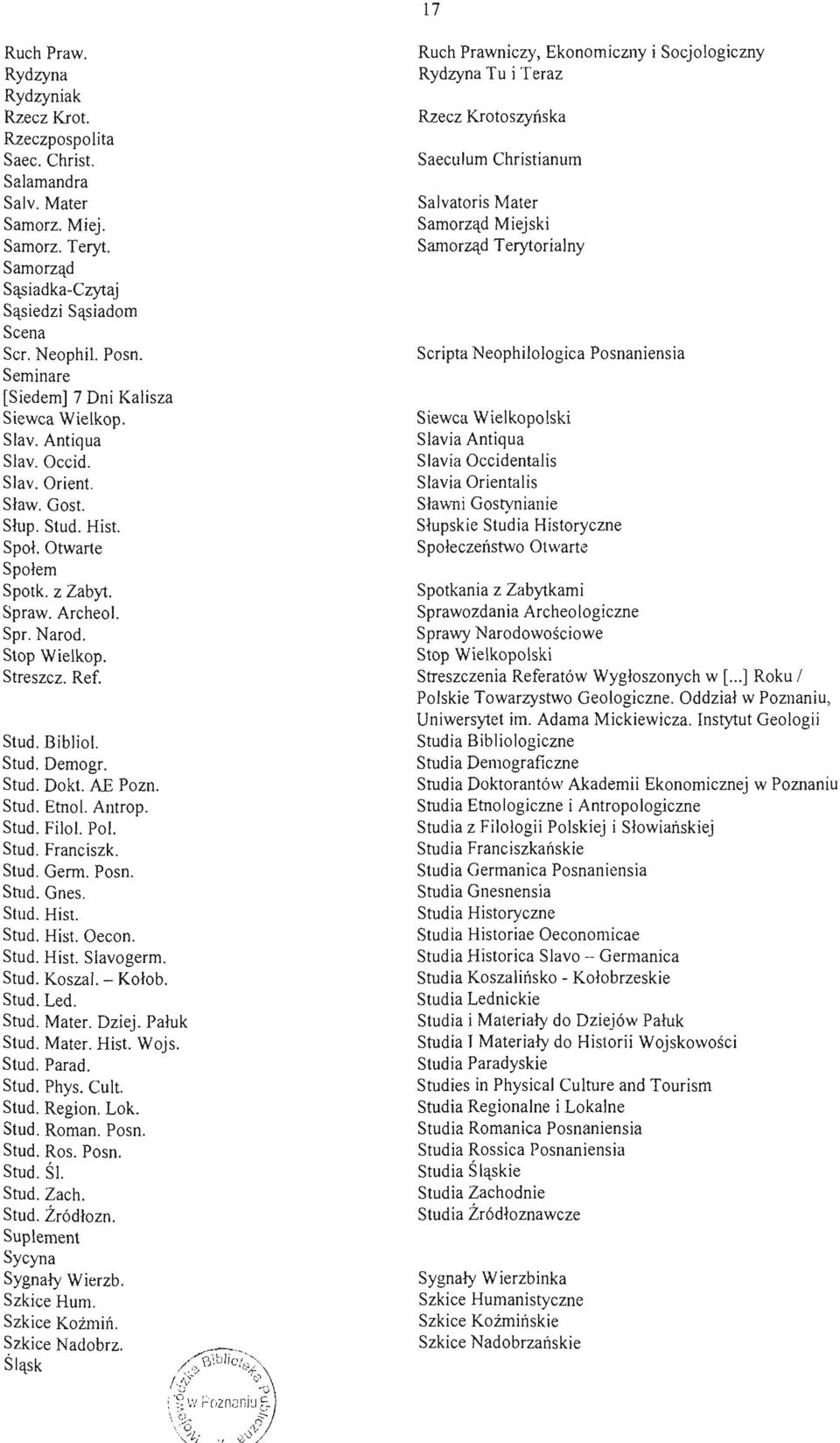 Streszez. Ref. Stud. Biblio!. Stud. Demogr. Stud. Dokt. AE Pozn. Stud. Etno!. Antrop. Stud. Filo!. Po!. Stud. Franciszk. Stud. Germ. Posn. Stud. Gnes. Stud. Hist. Stud. Hist. Oecon. Stud. Hist. Slavogerm.