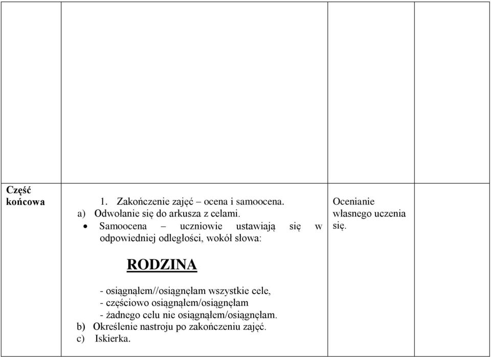 osiągnąłem//osiągnęłam wszystkie cele, - częściowo osiągnąłem/osiągnęłam - żadnego celu nie