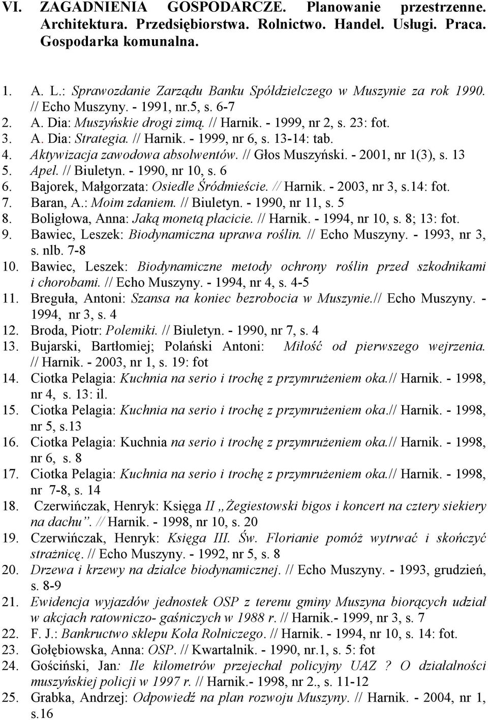 // Harnik. - 1999, nr 6, s. 13-14: tab. 4. Aktywizacja zawodowa absolwentów. // Głos Muszyński. - 2001, nr 1(3), s. 13 5. Apel. // Biuletyn. - 1990, nr 10, s. 6 6.