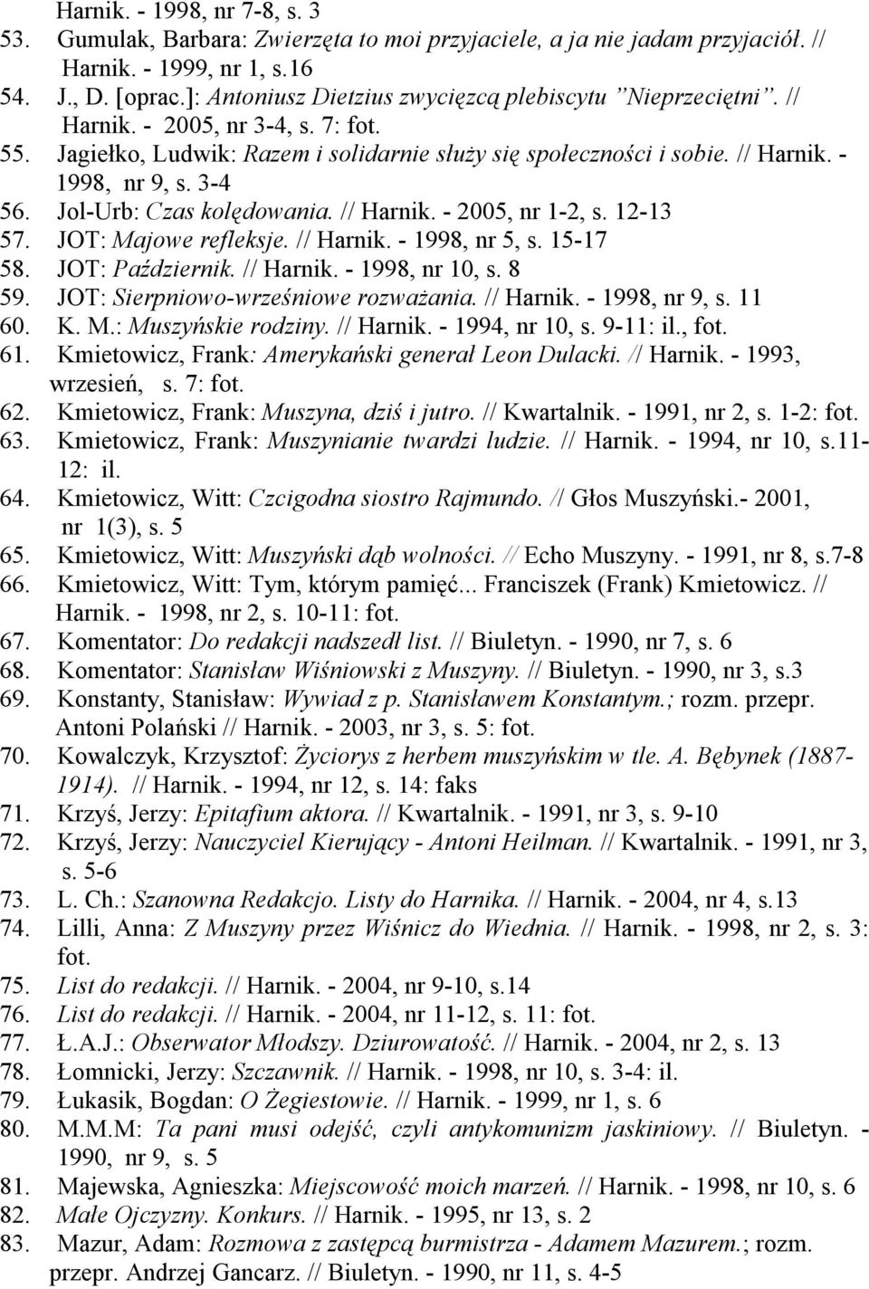 3-4 56. Jol-Urb: Czas kolędowania. // Harnik. - 2005, nr 1-2, s. 12-13 57. JOT: Majowe refleksje. // Harnik. - 1998, nr 5, s. 15-17 58. JOT: Październik. // Harnik. - 1998, nr 10, s. 8 59.