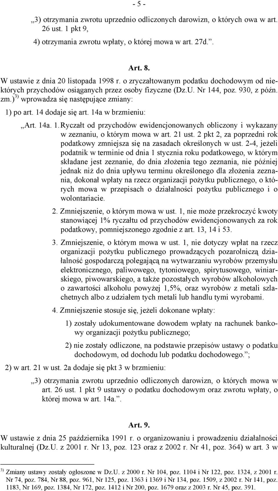 14a w brzmieniu: Art. 14a. 1.Ryczałt od przychodów ewidencjonowanych obliczony i wykazany w zeznaniu, o którym mowa w art. 21 ust.