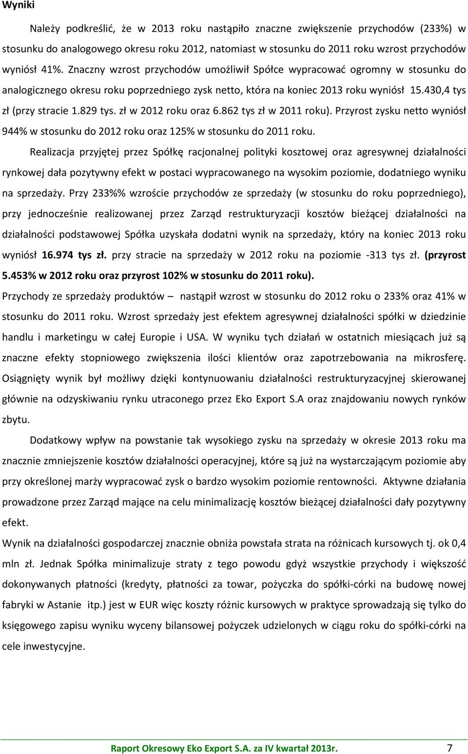 829 tys. zł w 2012 roku oraz 6.862 tys zł w 2011 roku). Przyrost zysku netto wyniósł 944% w stosunku do 2012 roku oraz 125% w stosunku do 2011 roku.