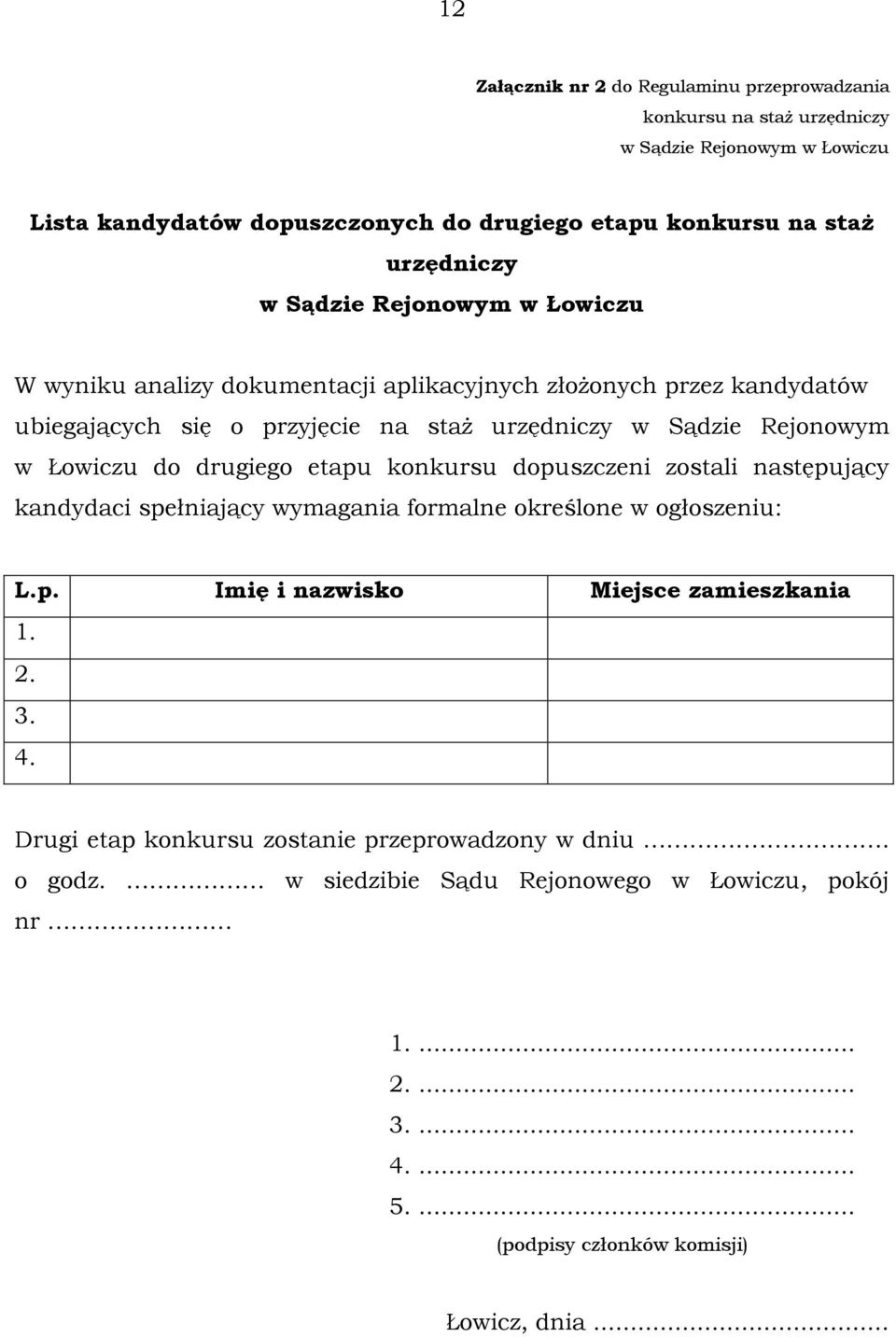 konkursu dopuszczeni zostali następujący kandydaci spełniający wymagania formalne określone w ogłoszeniu: L.p. Imię i nazwisko Miejsce zamieszkania 1. 2. 3. 4.