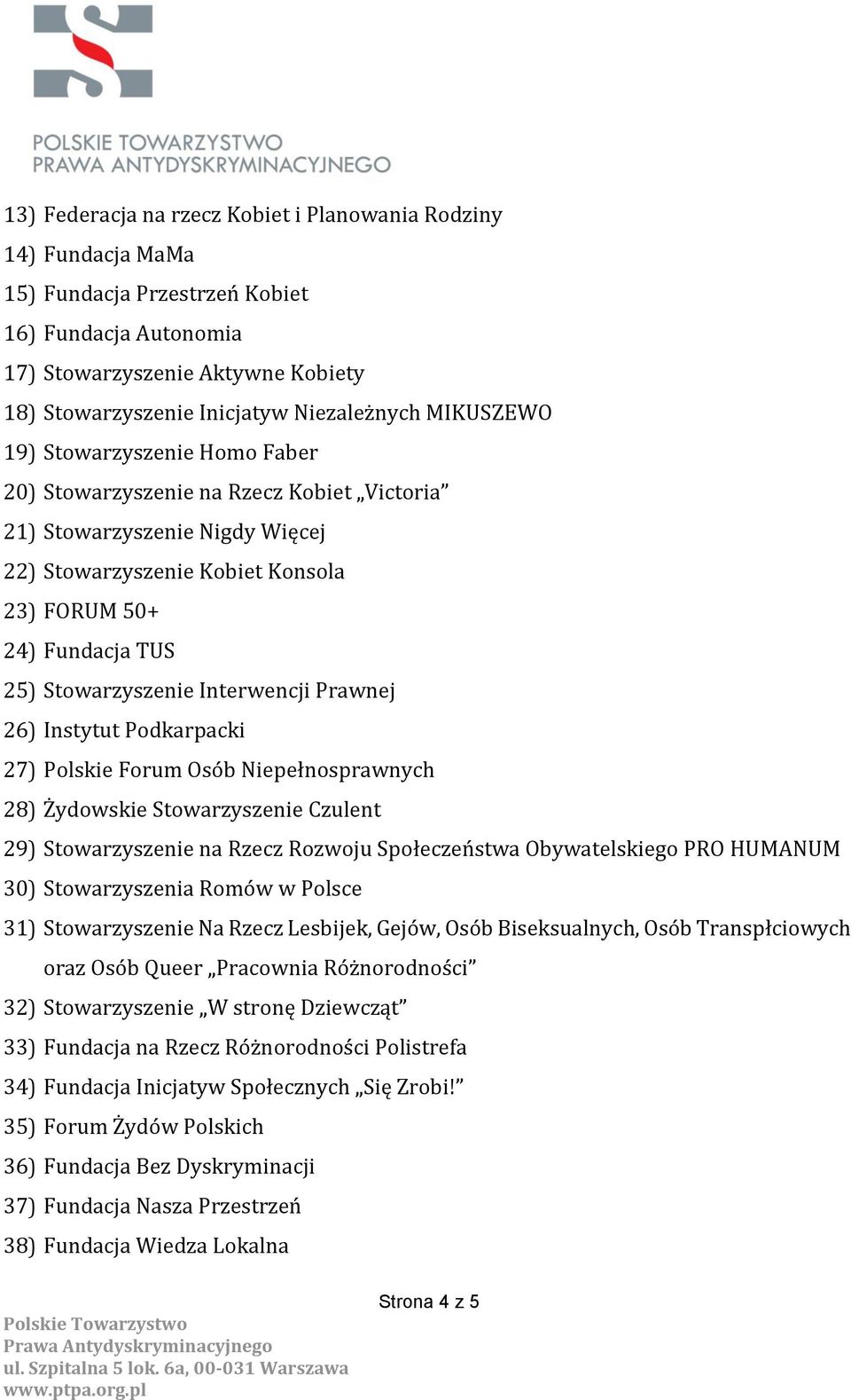 Interwencji Prawnej 26) Instytut Podkarpacki 27) Polskie Forum Osób Niepełnosprawnych 28) Żydowskie Stowarzyszenie Czulent 29) Stowarzyszenie na Rzecz Rozwoju Społeczeństwa Obywatelskiego PRO HUMANUM