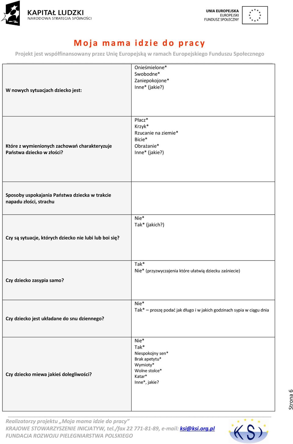 ) Czy są sytuacje, których dziecko nie lubi lub boi się? (przyzwyczajenia które ułatwią dziecku zaśniecie) Czy dziecko zasypia samo?