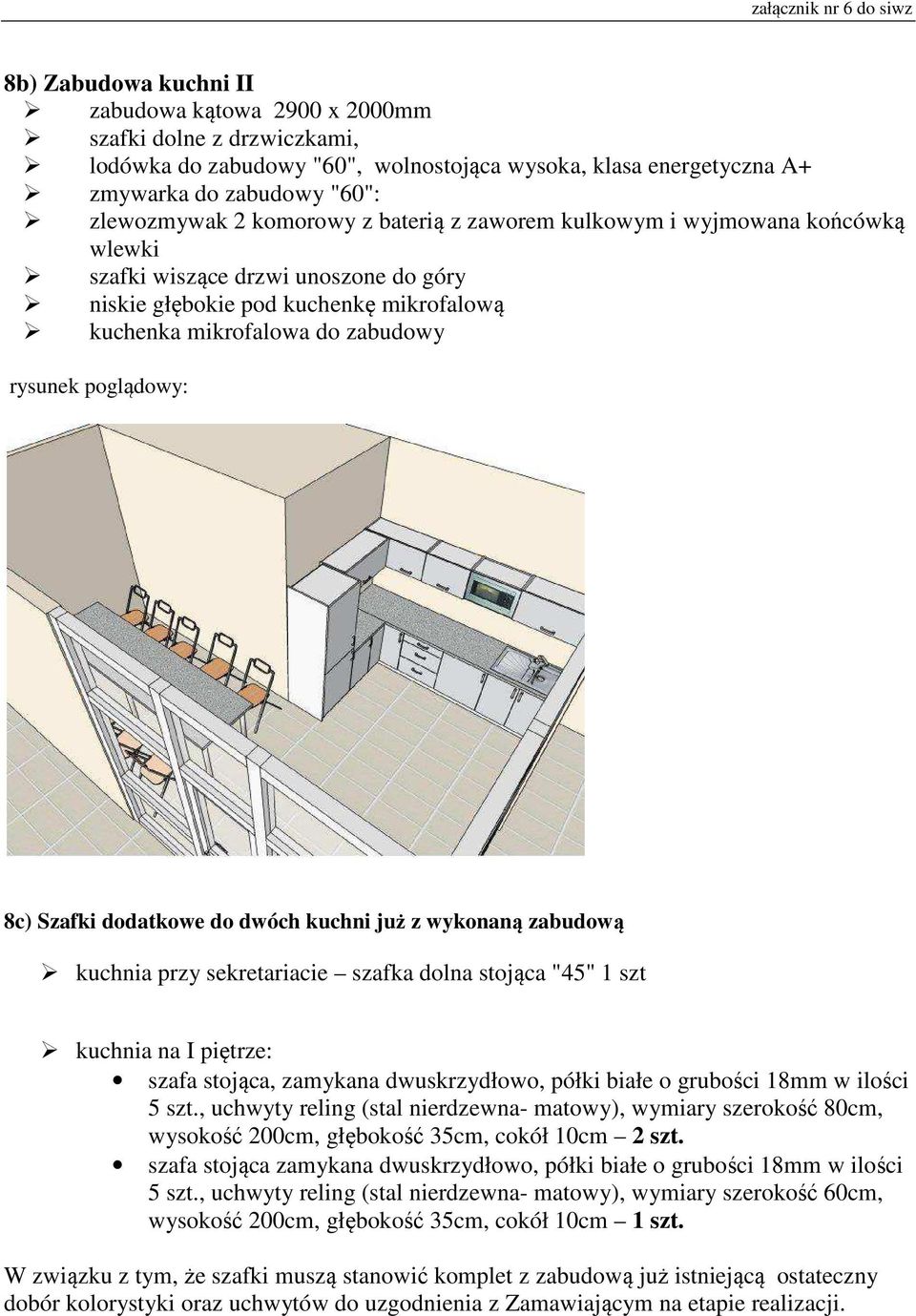 dodatkowe do dwóch kuchni już z wykonaną zabudową kuchnia przy sekretariacie szafka dolna stojąca "45" 1 szt kuchnia na I piętrze: szafa stojąca, zamykana dwuskrzydłowo, półki białe o grubości 18mm w