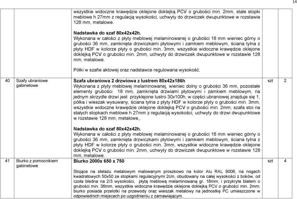 Wykonana w całości z płyty meblowej melaminowanej o grubości 18 mm wieniec górny o grubości 36 mm, zamknięta drzwiczkami płytowymi i zamkiem meblowym, ściana tylna z płyty HDF w kolorze płyty o