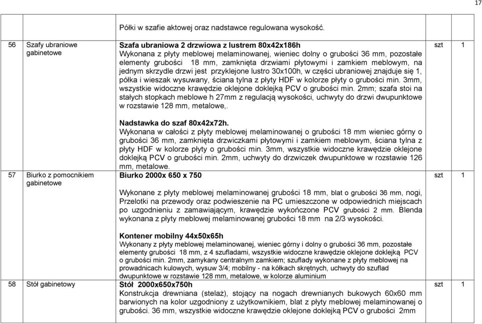 meblowym, na jednym skrzydle drzwi jest przyklejone lustro 30x100h, w części ubraniowej znajduje się 1, półka i wieszak wysuwany, ściana tylna z płyty HDF w kolorze płyty o grubości min.