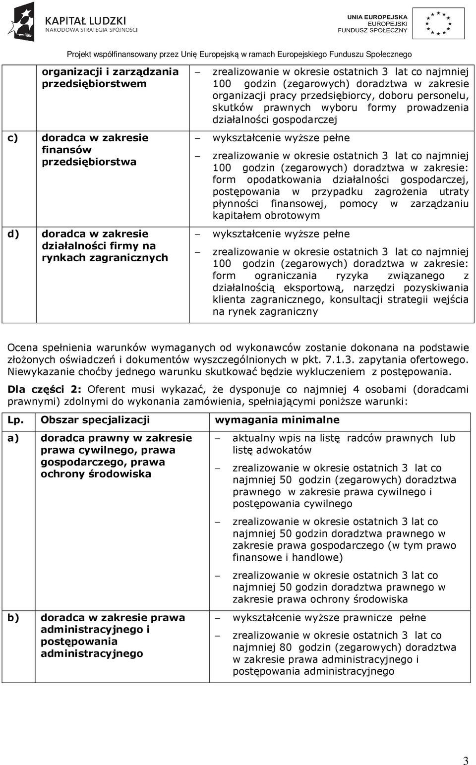 pełne zrealizowanie w okresie ostatnich 3 lat co najmniej 100 godzin (zegarowych) doradztwa w zakresie: form opodatkowania działalności gospodarczej, postępowania w przypadku zagrożenia utraty