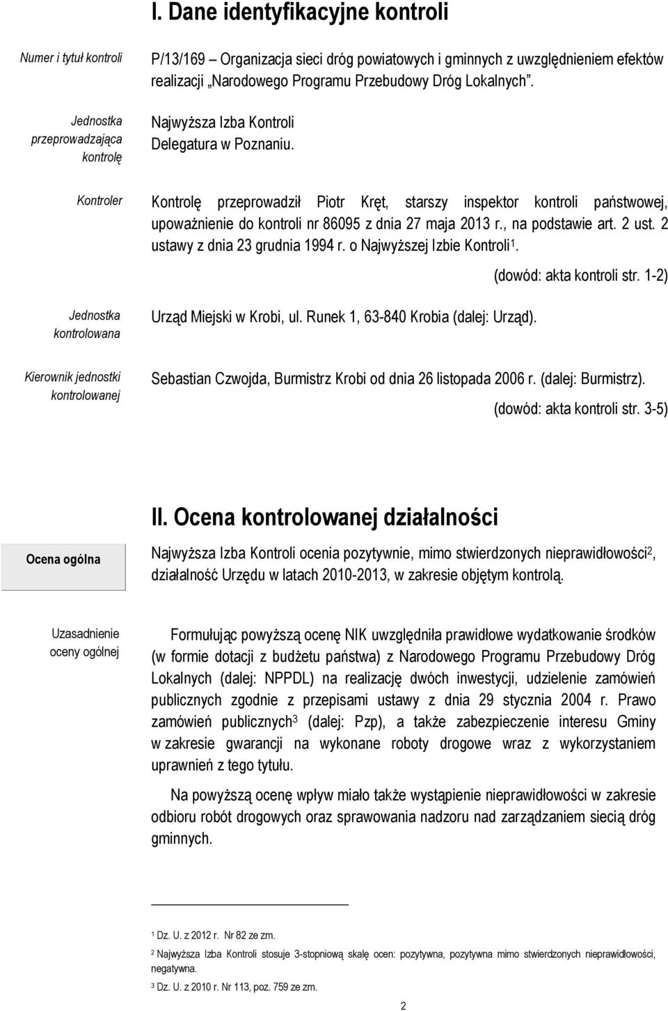 Kontroler Kontrolę przeprowadził Piotr Kręt, starszy inspektor kontroli państwowej, upoważnienie do kontroli nr 86095 z dnia 27 maja 2013 r., na podstawie art. 2 ust.