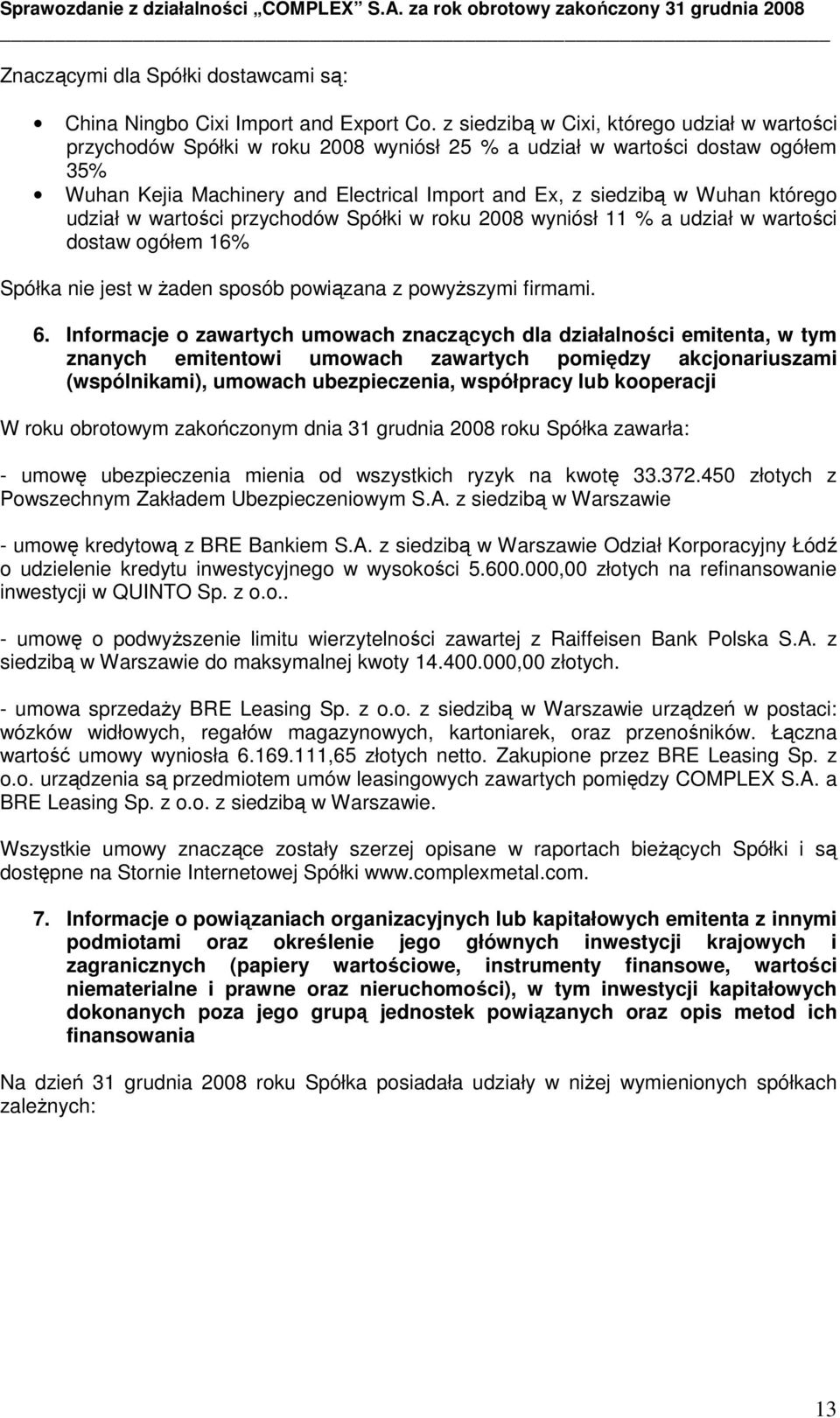 którego udział w wartości przychodów Spółki w roku 2008 wyniósł 11 % a udział w wartości dostaw ogółem 16% Spółka nie jest w Ŝaden sposób powiązana z powyŝszymi firmami. 6.