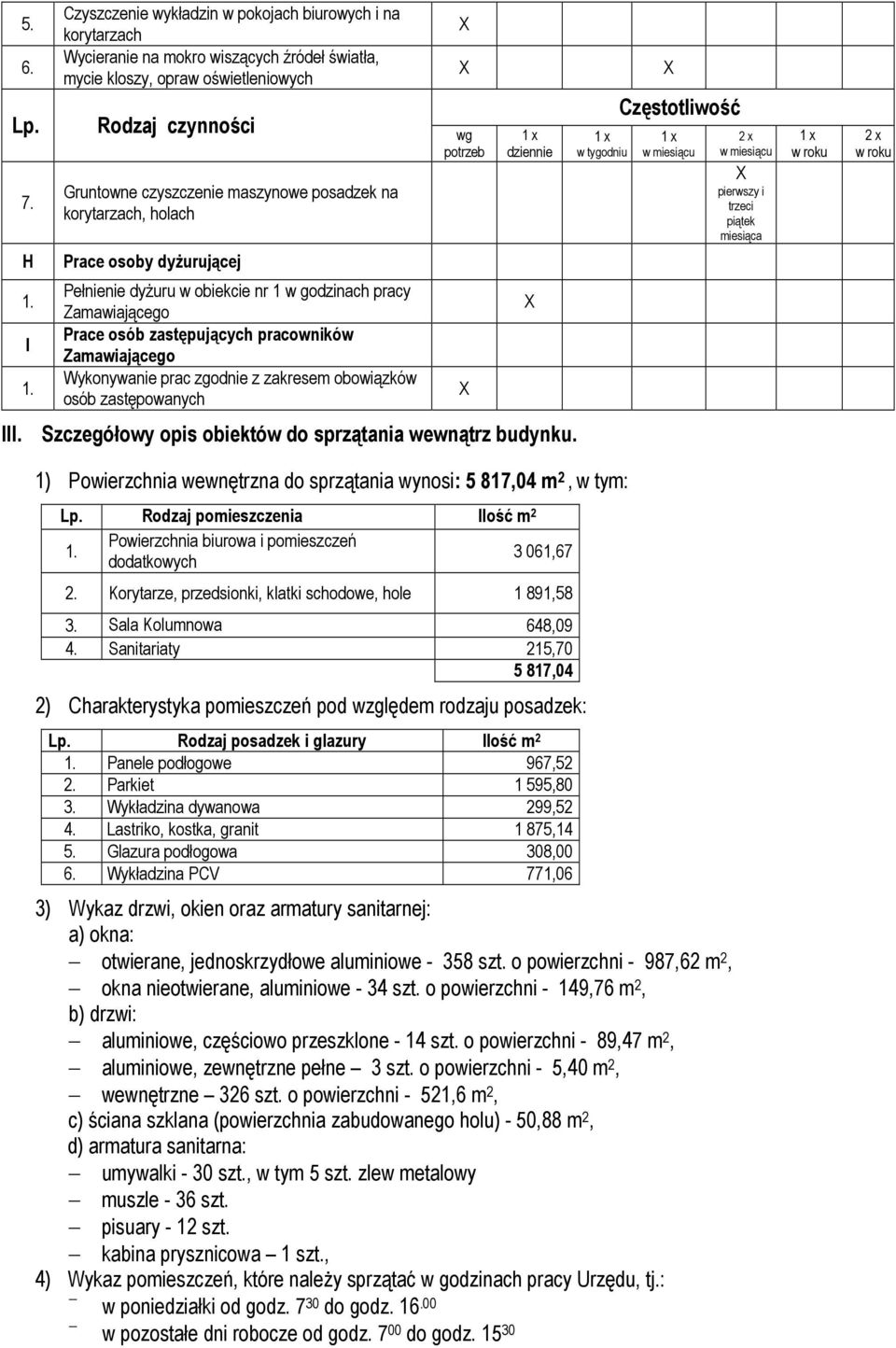 posadzek na korytarzach, holach Prace osoby dyżurującej Pełnienie dyżuru w obiekcie nr 1 w godzinach pracy Zamawiającego Prace osób zastępujących pracowników Zamawiającego Wykonywanie prac zgodnie z