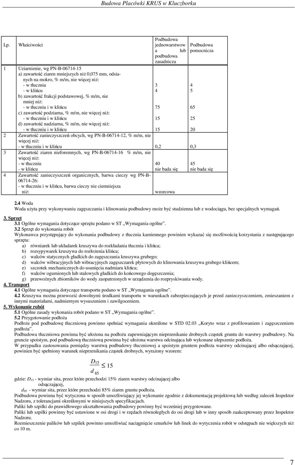 jednowarstwow a lub podbudowa zasadnicza 15 20 2 Zawartość zanieczyszczeń obcych, wg PN-B-06714-12, % m/m, nie więcej niż: - w tłuczniu i w klińcu 0,2 0,3 3 Zawartość ziaren nieforemnych, wg