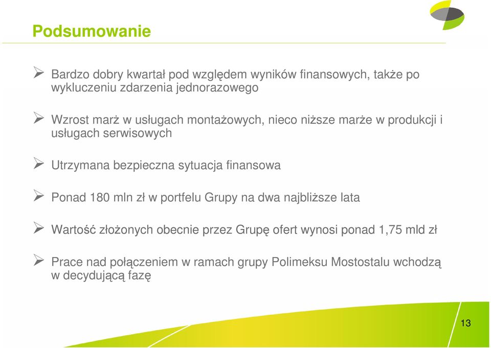 sytuacja finansowa Ponad 180 mln zł w portfelu Grupy na dwa najbliŝsze lata Wartość złoŝonych obecnie przez Grupę