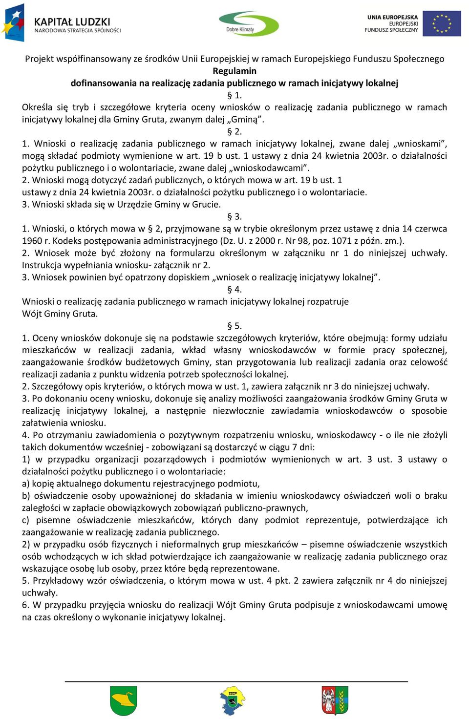 Wnioski o realizację zadania publicznego w ramach inicjatywy lokalnej, zwane dalej wnioskami, mogą składać podmioty wymienione w art. 19 b ust. 1 ustawy z dnia 24 kwietnia 2003r.