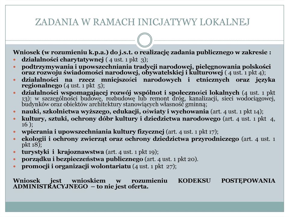 1 pkt 4); działalności na rzecz mniejszości narodowych i etnicznych oraz języka regionalnego(4ust.1pkt 5); działalności wspomagającej rozwój wspólnot i społeczności lokalnych (4 ust.