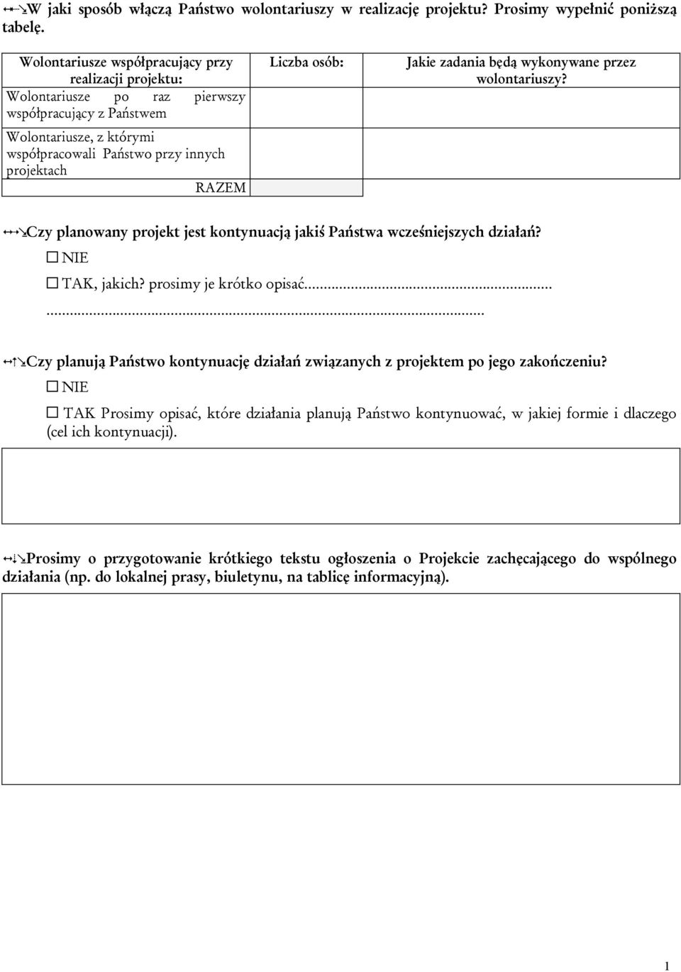 osób: Jakie zadania będą wykonywane przez wolontariuszy? 14.Czy planowany projekt jest kontynuacją jakiś Państwa wcześniejszych działań? NIE TAK, jakich? prosimy je krótko opisać...... 1 5.