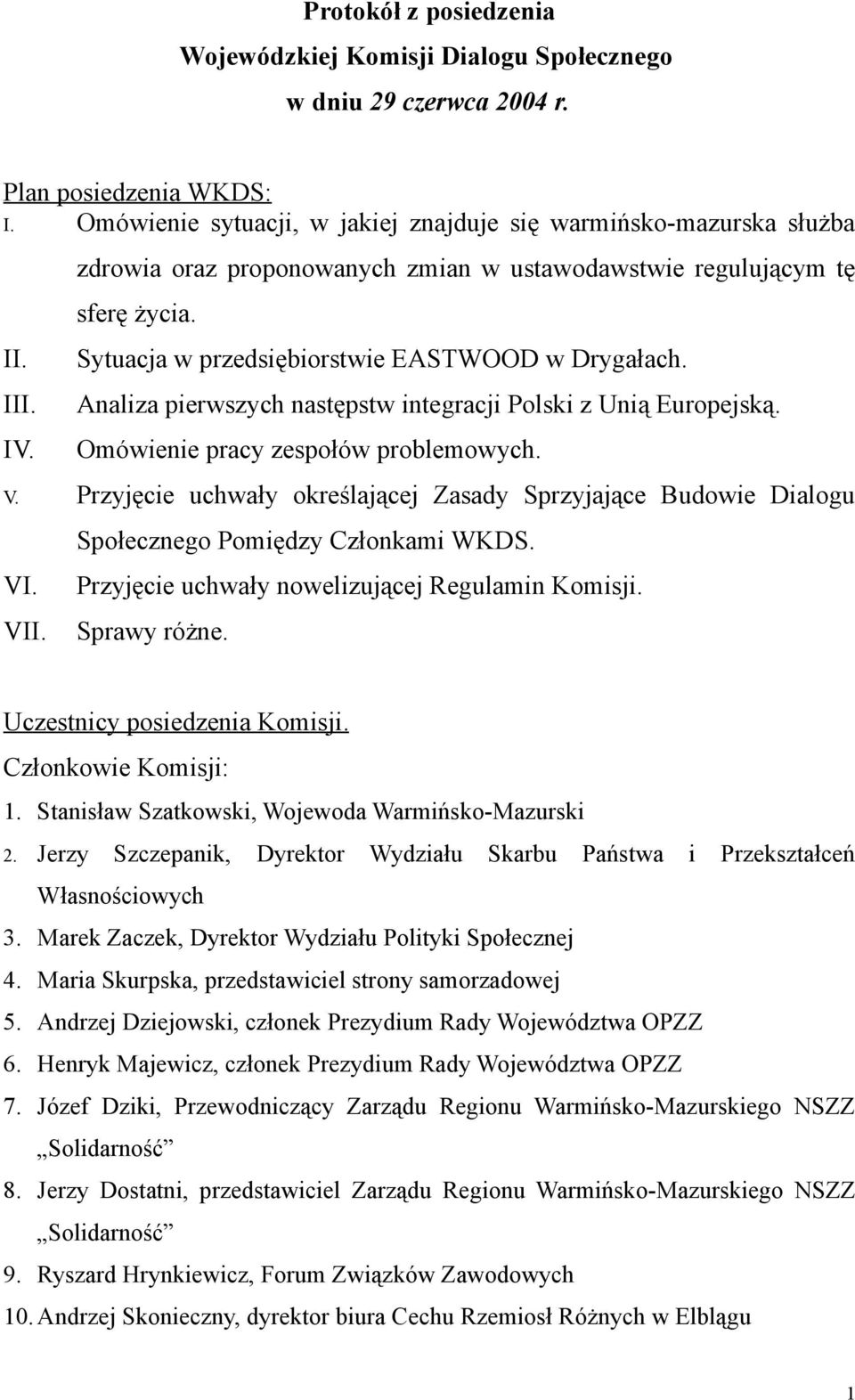 Omówienie pracy zespołów problemowych. V. Przyjęcie uchwały określającej Zasady Sprzyjające Budowie Dialogu VI. VII. Społecznego Pomiędzy Członkami WKDS.