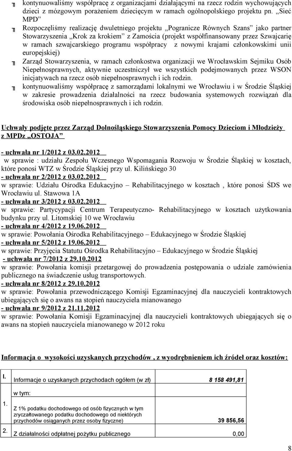 szwajcarskiego programu współpracy z nowymi krajami członkowskimi unii europejskiej) Zarząd Stowarzyszenia, w ramach członkostwa organizacji we Wrocławskim Sejmiku Osób Niepełnosprawnych, aktywnie