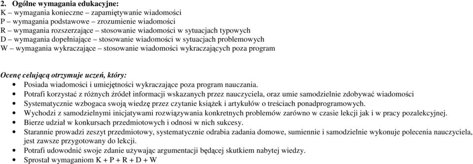 wiadomości i umiejętności wykraczające poza program nauczania.