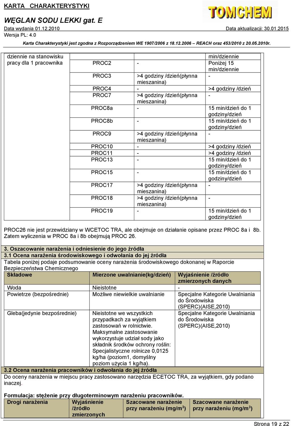 PROC13-15 min/dzień do 1 godziny/dzień PROC15-15 min/dzień do 1 godziny/dzień PROC17 >4 godziny /dzień(płynna - mieszanina) PROC18 >4 godziny /dzień(płynna - mieszanina) PROC19-15 min/dzień do 1