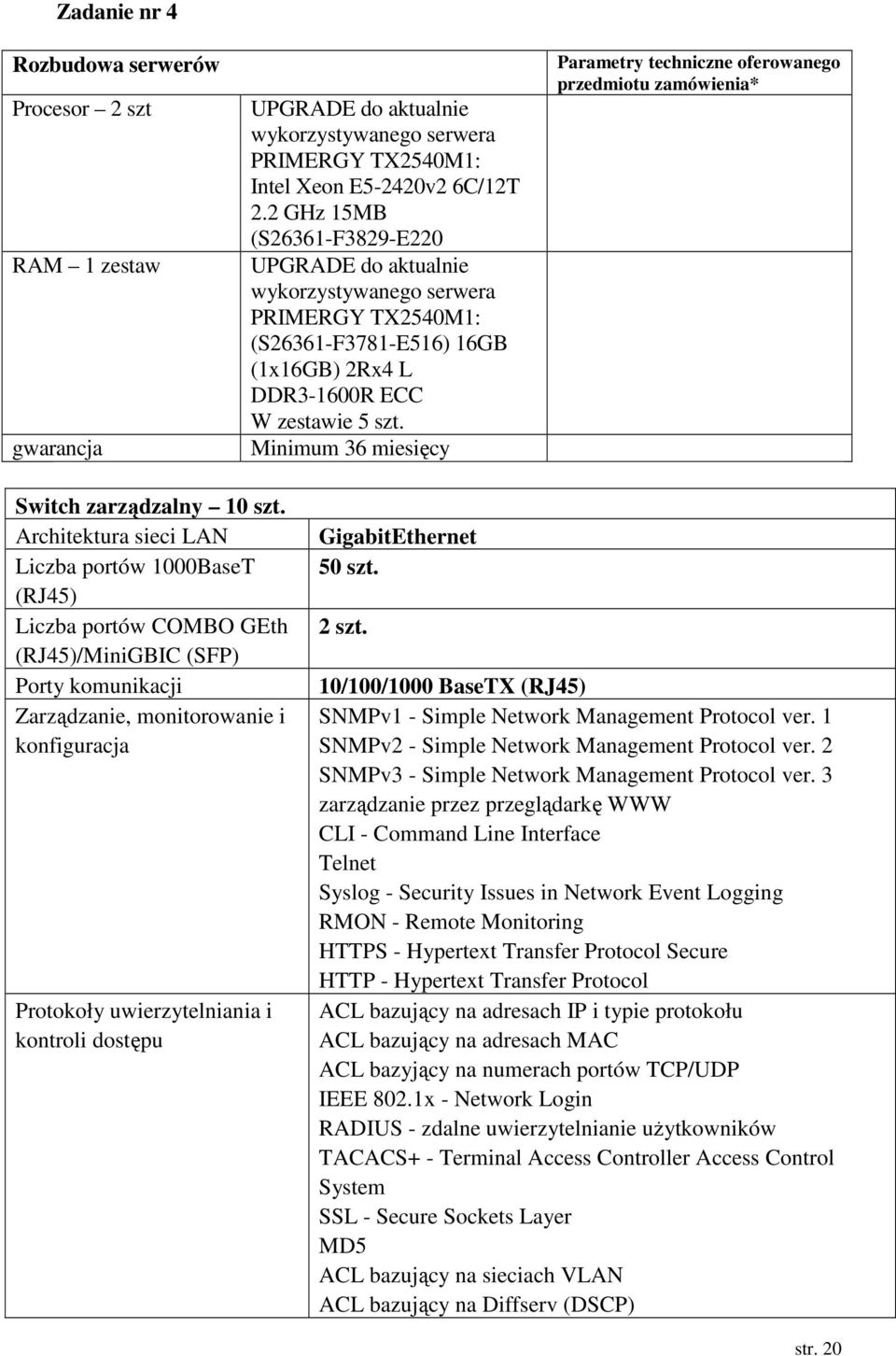 Minimum 36 miesięcy Parametry techniczne oferowanego przedmiotu zamówienia* Switch zarządzalny 10 szt.