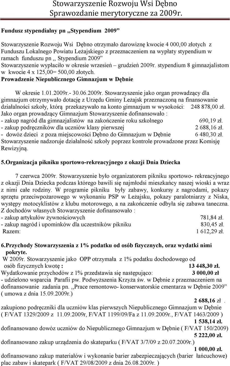 Prowadzenie Niepublicznego Gimnazjum w Dębnie W okresie 1.01.2009r.