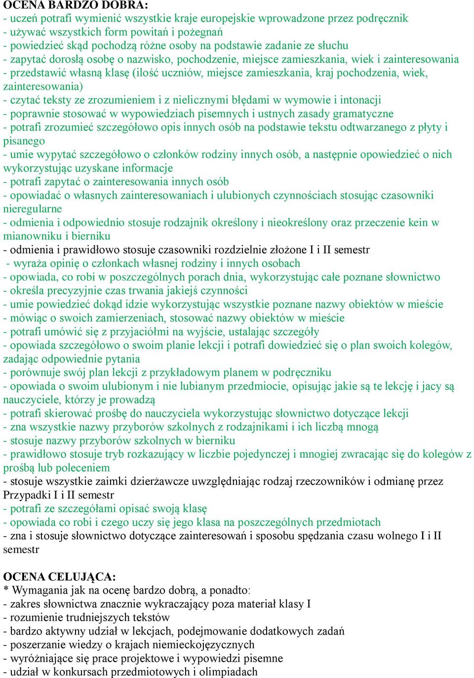 intonacji - poprawnie stosować w wypowiedziach pisemnych i ustnych zasady gramatyczne - potrafi zrozumieć szczegółowo opis innych osób na podstawie tekstu odtwarzanego z płyty i pisanego - umie