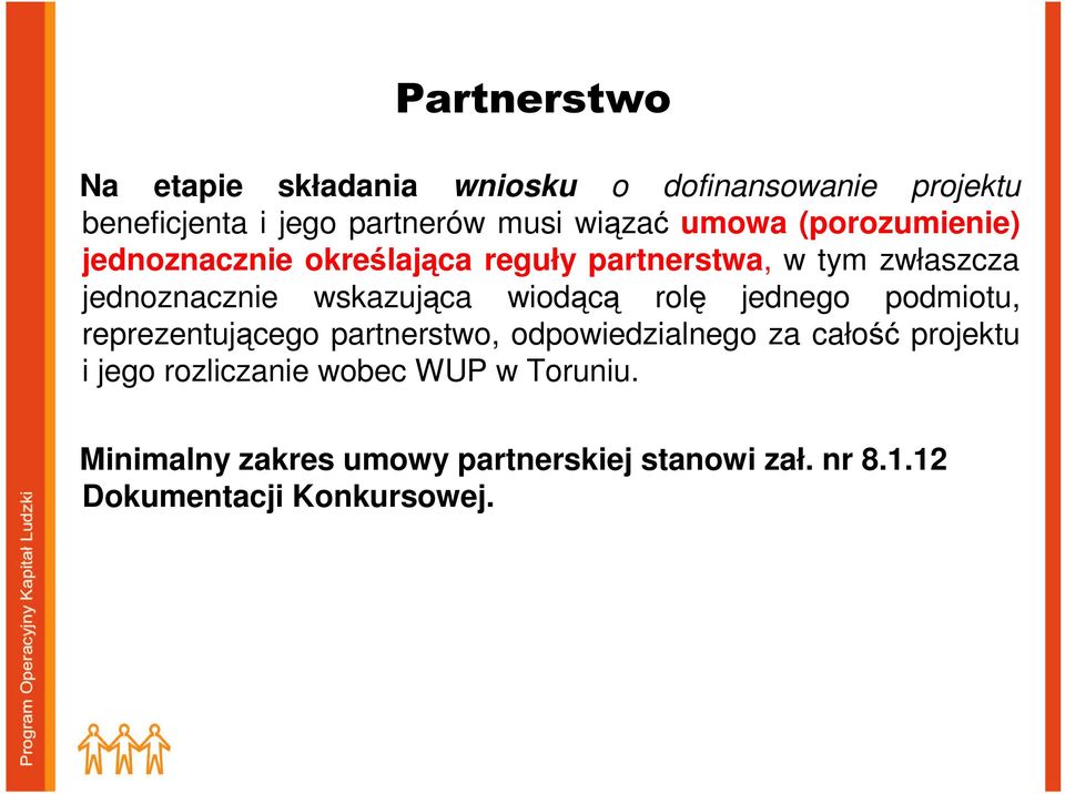 wiodącą rolę jednego podmiotu, reprezentującego partnerstwo, odpowiedzialnego za całość projektu i jego