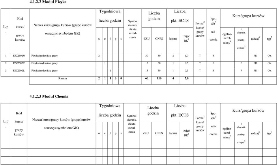 0,5 T Z P PD Ob FZZ2502L Fizyka śrdwiska pracy 1 15 0 1 0,5 T Z P PD Ob Razem 2 1 1 0 0 60 110
