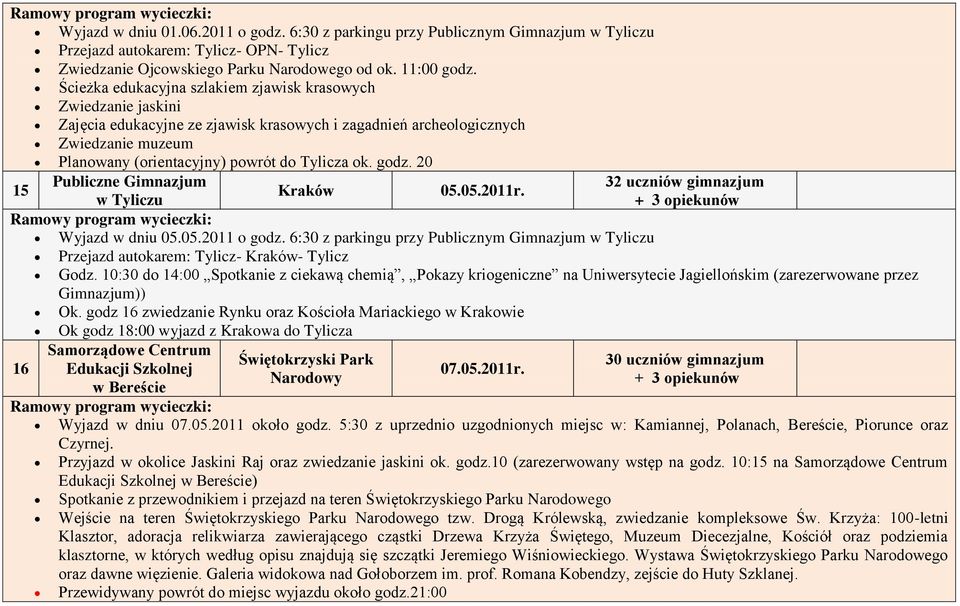 godz. 20 Publiczne Gimnazjum 32 uczniów gimnazjum 15 Kraków 05.05.2011r. w Tyliczu + 3 opiekunów Wyjazd w dniu 05.05.2011 o godz.