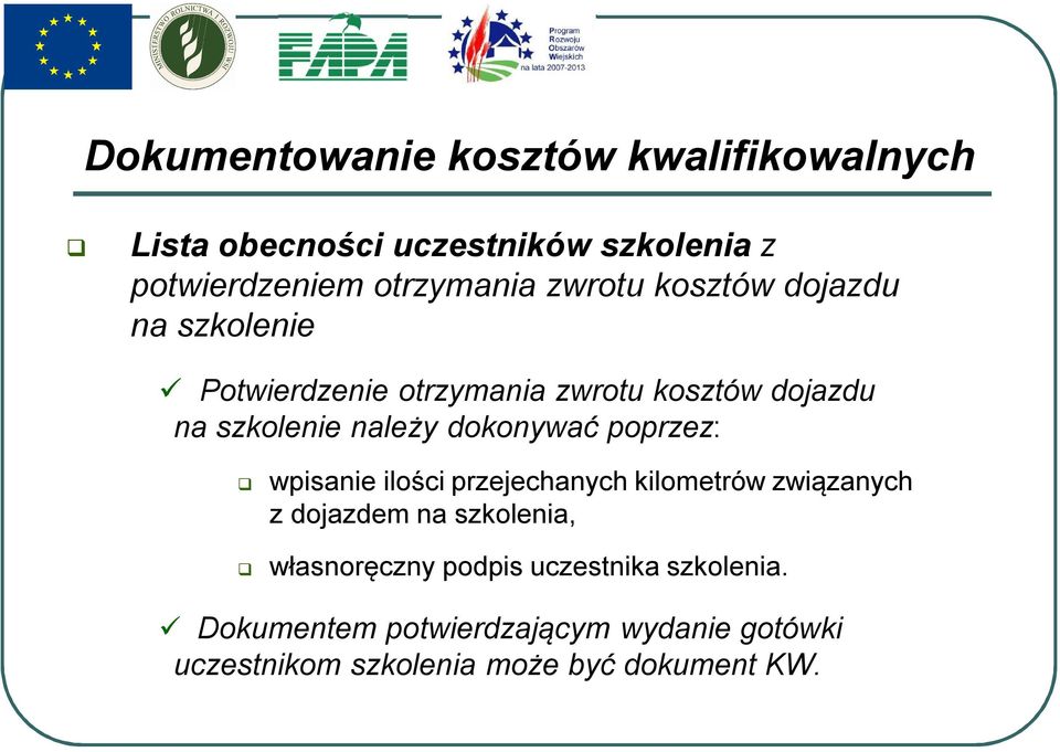 wpisanie ilości przejechanych kilometrów związanych z dojazdem na szkolenia, własnoręczny podpis