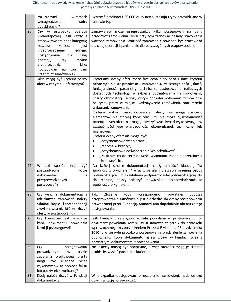 postępowań na ten sam przedmiot zamówienia? 26. Jakie mogą być kryteria oceny ofert w zapytaniu ofertowym? 27. W jaki sposób mają być poświadczone kopie dokumentacji z przeprowadzonych postępowań? 28.