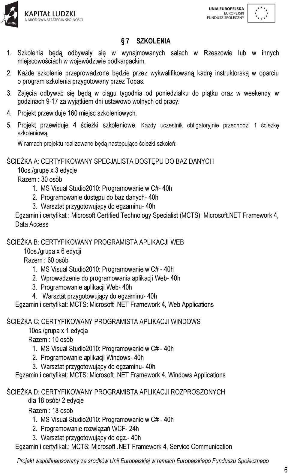 Zajęcia odbywać się będą w ciągu tygodnia od poniedziałku do piątku oraz w weekendy w godzinach 9-17 za wyjątkiem dni ustawowo wolnych od pracy. 4. Projekt przewiduje 160 miejsc szkoleniowych. 5.