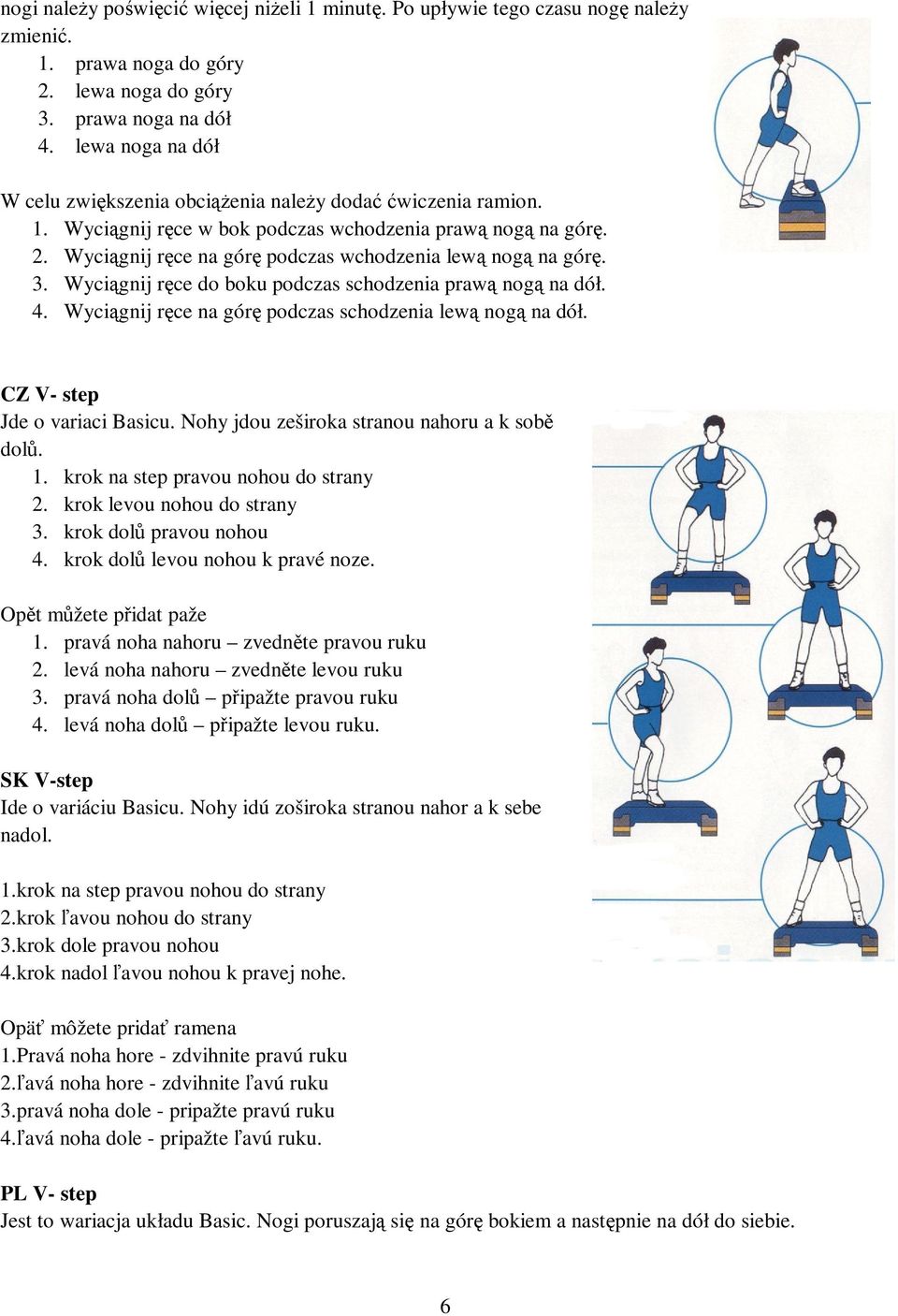 Wycignij r ce do boku podczas schodzenia praw nog na dół. 4. Wycignij r ce na gór podczas schodzenia lew nog na dół. CZ V- step Jde o variaci Basicu. Nohy jdou zeširoka stranou nahoru a k sob dol. 1.