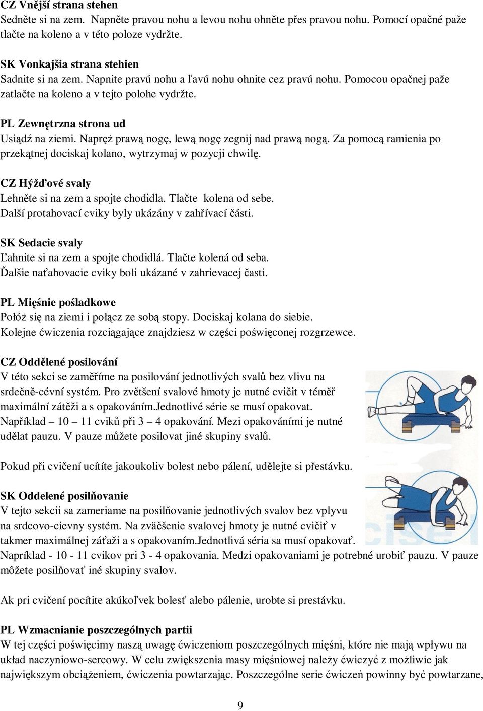 PL Zewn trzna strona ud Usid na ziemi. Napr praw nog, lew nog zegnij nad praw nog. Za pomoc ramienia po przektnej dociskaj kolano, wytrzymaj w pozycji chwil.