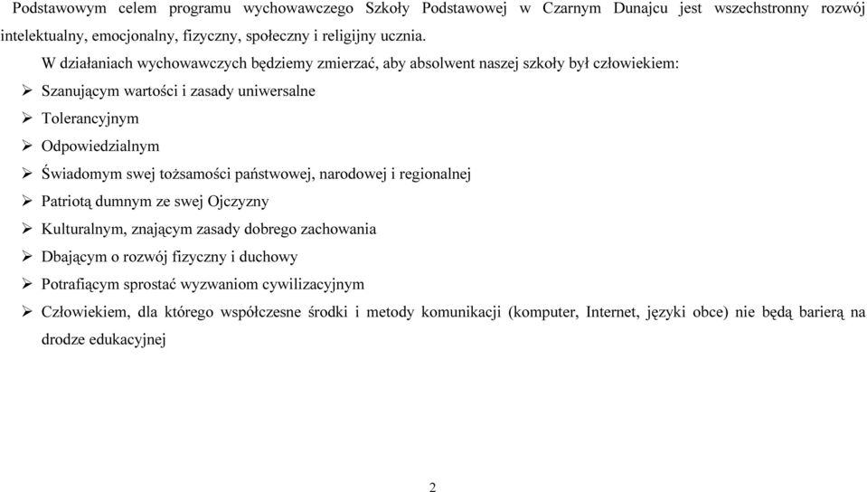 swej tożsamości państwowej, narodowej i regionalnej Patriotą dumnym ze swej Ojczyzny Kulturalnym, znającym zasady dobrego zachowania Dbającym o rozwój fizyczny i duchowy