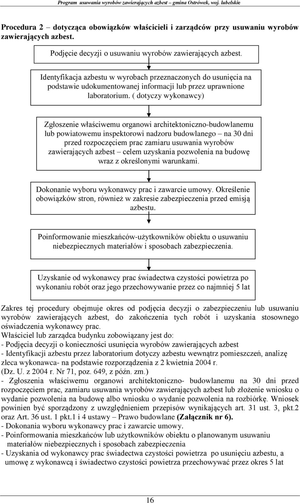 ( dotyczy wykonawcy) Zgłoszenie właściwemu organowi architektoniczno-budowlanemu lub powiatowemu inspektorowi nadzoru budowlanego na 30 dni przed rozpoczęciem prac zamiaru usuwania wyrobów