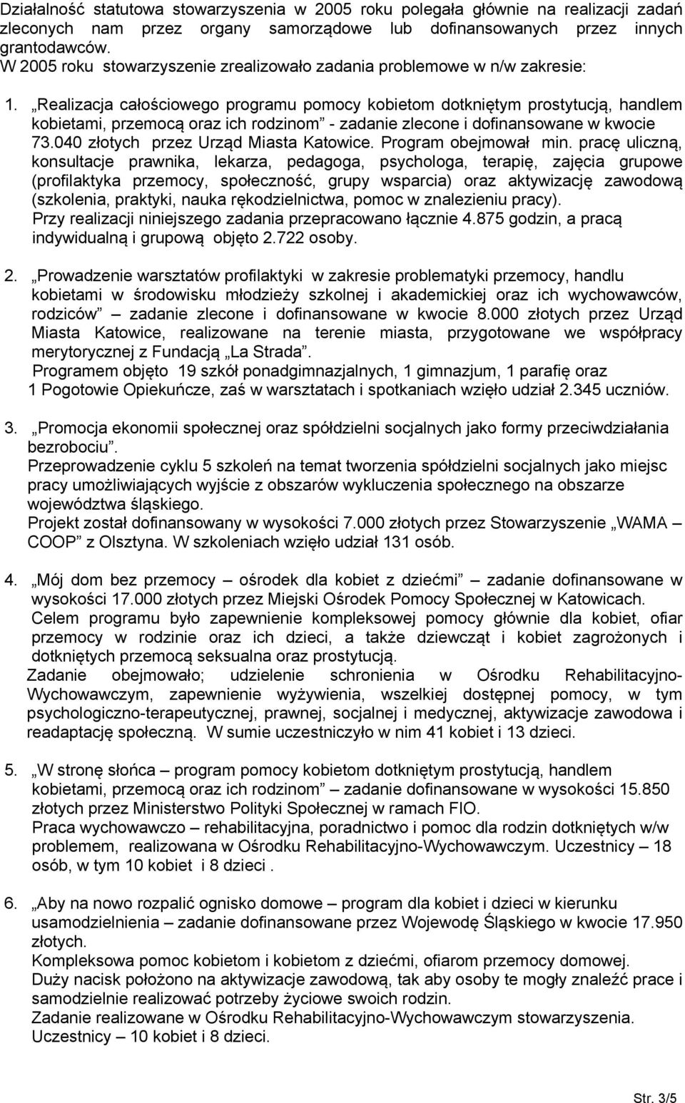 Realizacja całościowego programu pomocy kobietom dotkniętym prostytucją, handlem kobietami, przemocą oraz ich rodzinom zadanie zlecone i dofinansowane w kwocie 73.