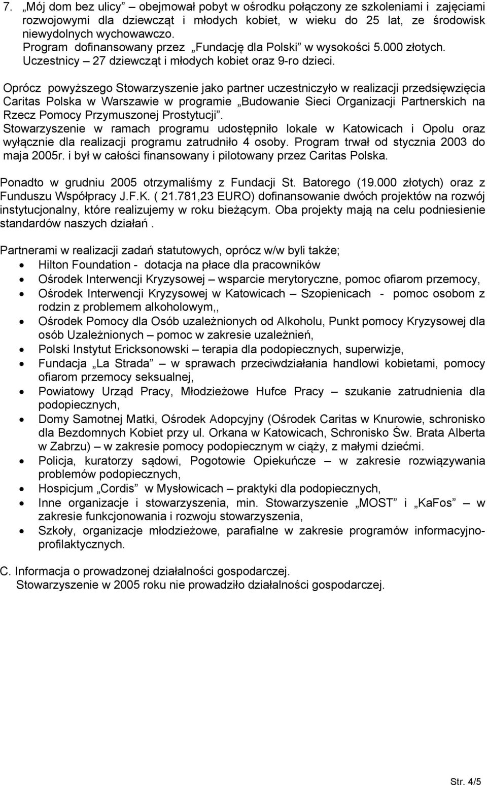 Oprócz powyższego Stowarzyszenie jako partner uczestniczyło w realizacji przedsięwzięcia Caritas Polska w Warszawie w programie Budowanie Sieci Organizacji Partnerskich na Rzecz Pomocy Przymuszonej