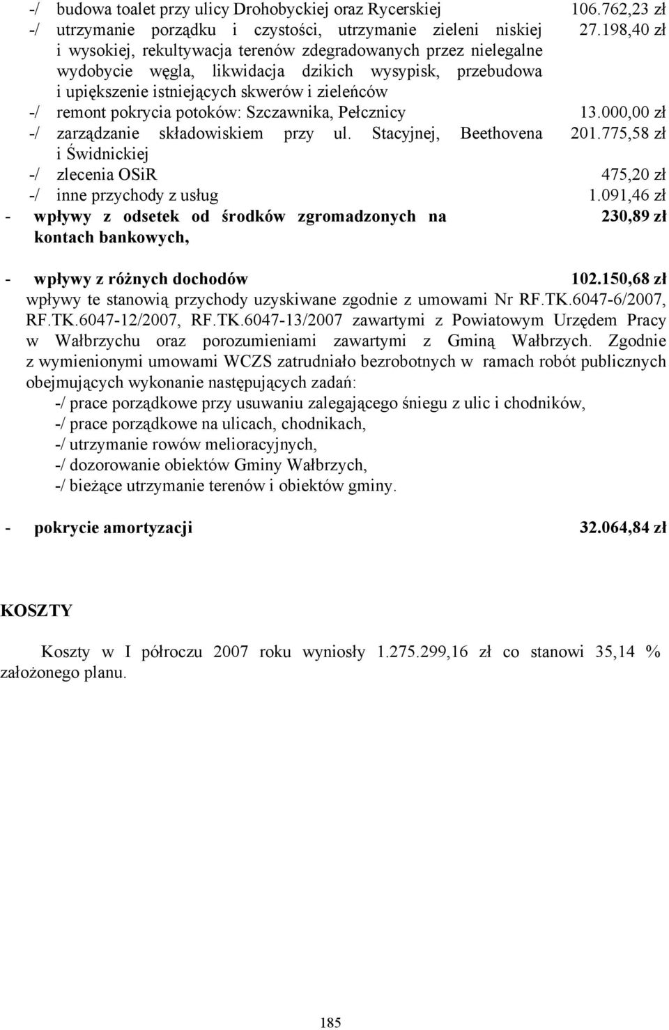 potoków: Szczawnika, Pełcznicy 13.000,00 zł -/ zarządzanie składowiskiem przy ul. Stacyjnej, Beethovena 201.775,58 zł i Świdnickiej -/ zlecenia OSiR 475,20 zł -/ inne przychody z usług 1.