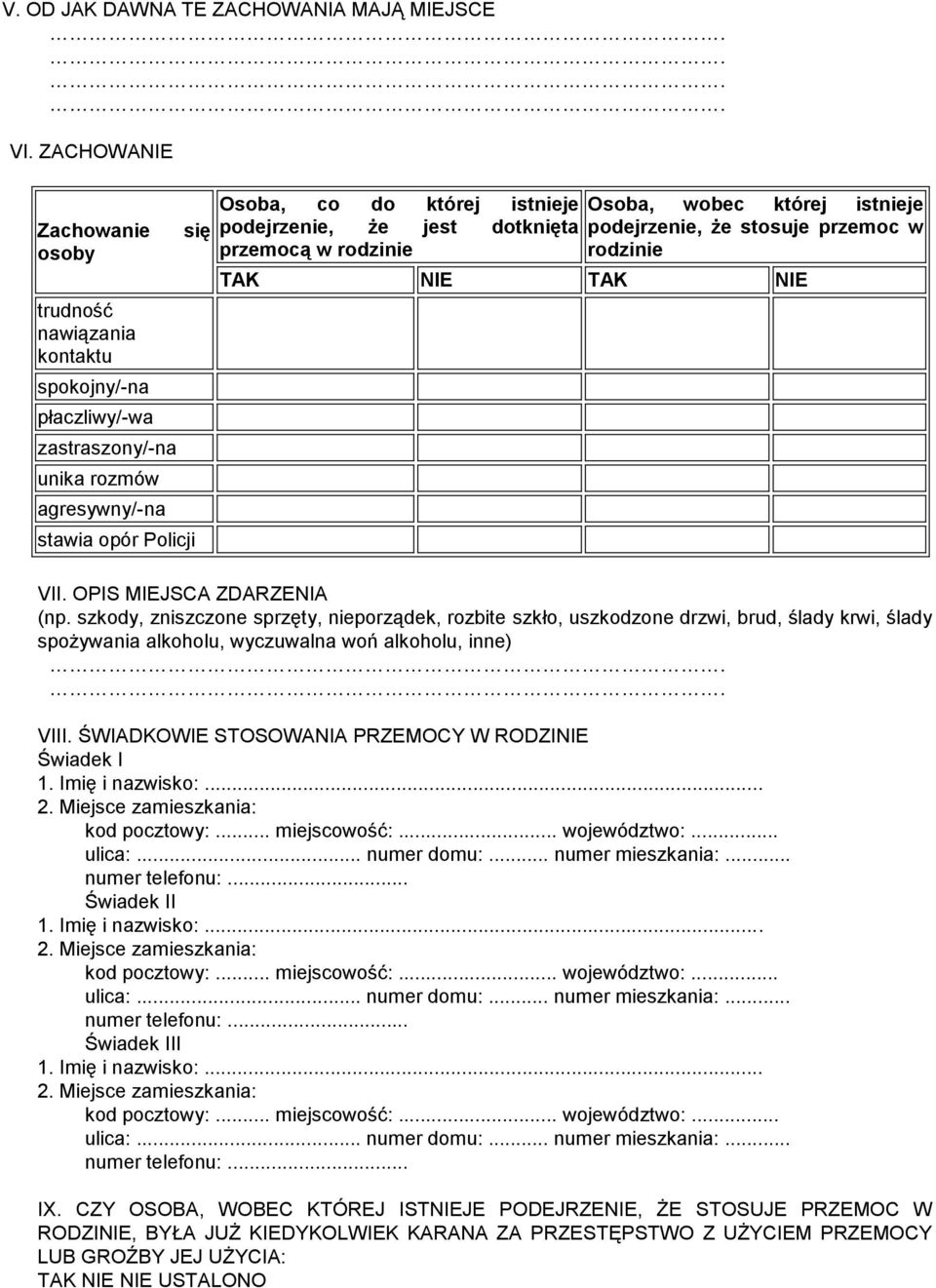 jest dotknięta przemocą w rodzinie Osoba, wobec której istnieje podejrzenie, że stosuje przemoc w rodzinie TAK NIE TAK NIE VII. OPIS MIEJSCA ZDARZENIA (np.