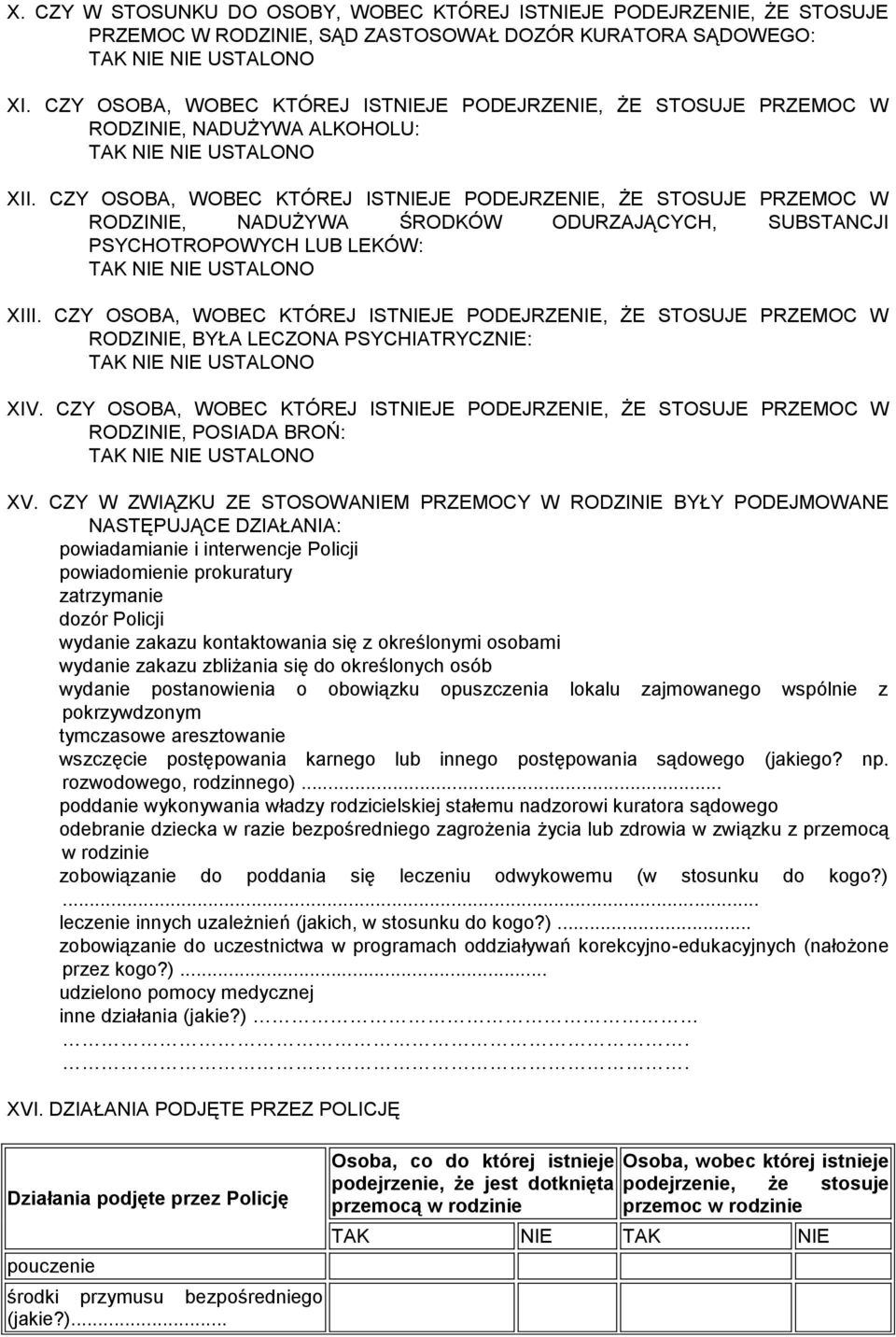 CZY OSOBA, WOBEC KTÓREJ ISTNIEJE PODEJRZENIE, ŻE STOSUJE PRZEMOC W RODZINIE, NADUŻYWA ŚRODKÓW ODURZAJĄCYCH, SUBSTANCJI PSYCHOTROPOWYCH LUB LEKÓW: TAK NIE NIE USTALONO XIII.