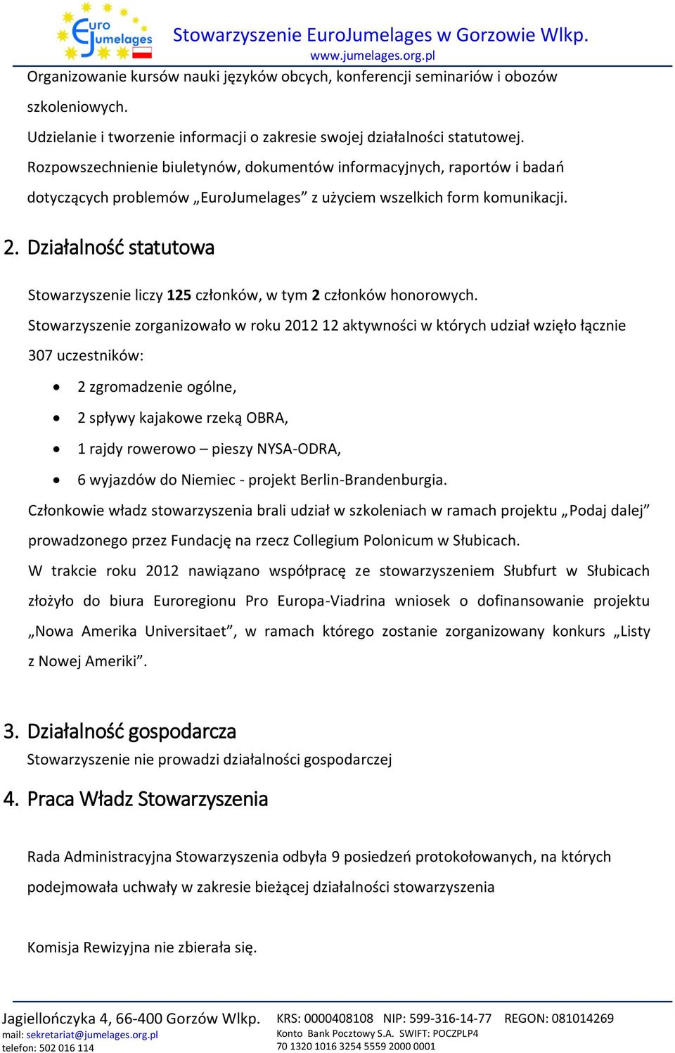 Działalność statutowa Stowarzyszenie liczy 125 członków, w tym 2 członków honorowych.