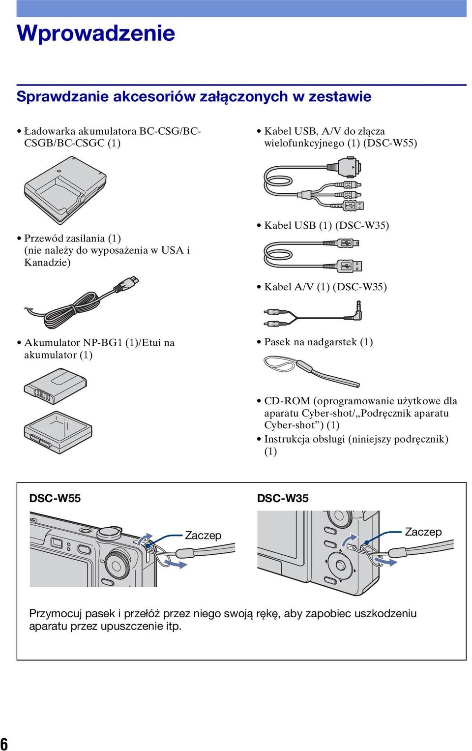 akumulator (1) Pasek na nadgarstek (1) CD-ROM (oprogramowanie użytkowe dla aparatu Cyber-shot/ Podręcznik aparatu Cyber-shot ) (1) Instrukcja obsługi