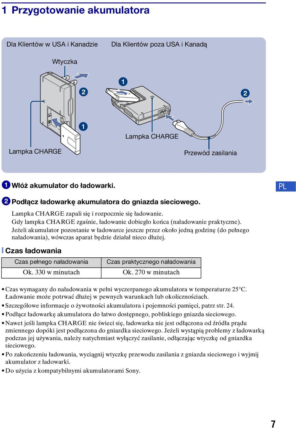 Jeżeli akumulator pozostanie w ładowarce jeszcze przez około jedną godzinę (do pełnego naładowania), wówczas aparat będzie działał nieco dłużej. [ Czas ładowania Czas pełnego naładowania Ok.