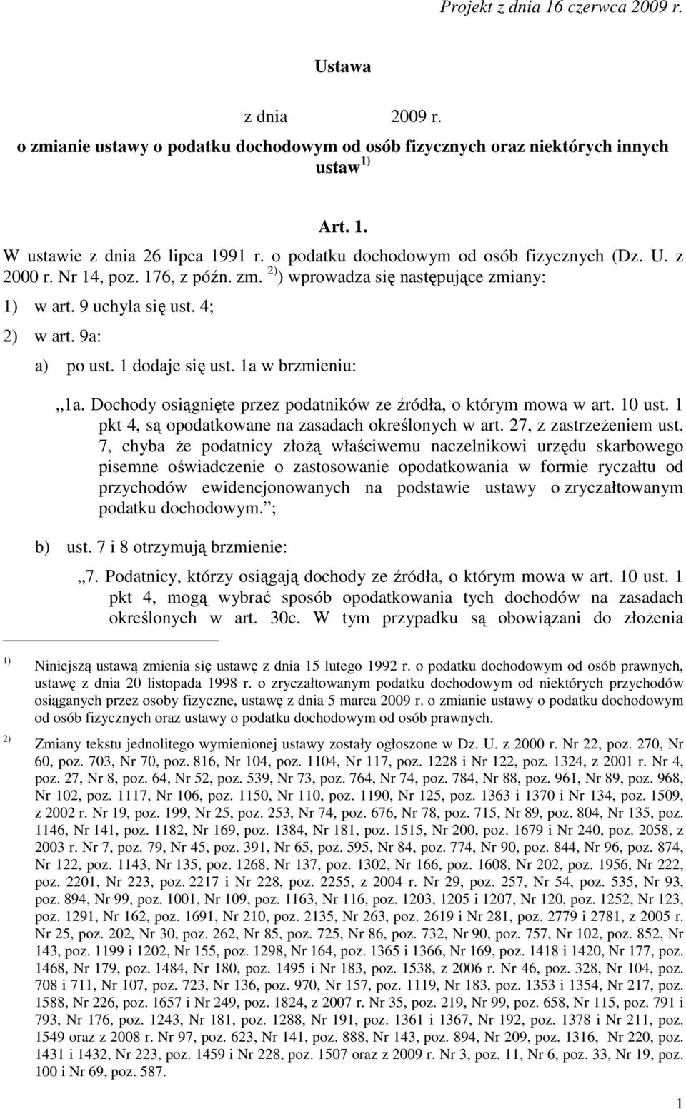 1a w brzmieniu: 1a. Dochody osiągnięte przez podatników ze źródła, o którym mowa w art. 10 ust. 1 pkt 4, są opodatkowane na zasadach określonych w art. 27, z zastrzeŝeniem ust.