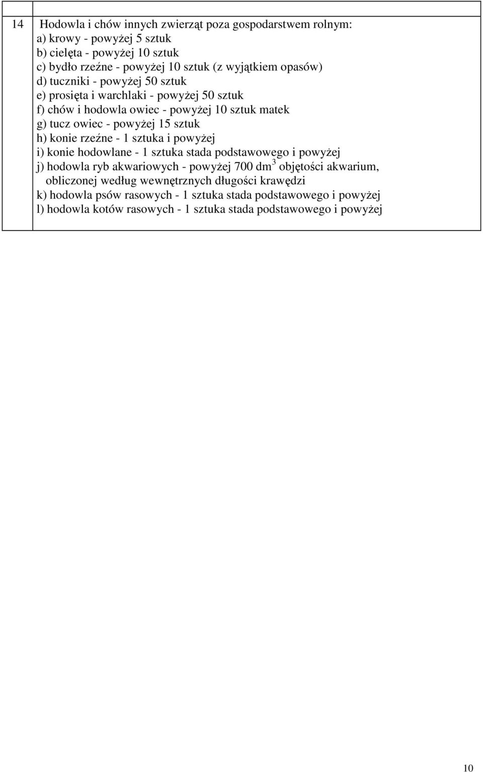 konie rzeźne - 1 sztuka i powyŝej i) konie hodowlane - 1 sztuka stada podstawowego i powyŝej j) hodowla ryb akwariowych - powyŝej 700 dm 3 objętości akwarium,